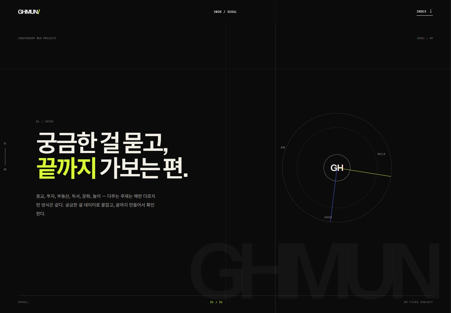 이전 첫 화면 히어로 — 검은 배경, 애시드 그린 강조, ASK·BUILD·CHECK 궤도 그래픽과 GHMUN 대형 워드마크